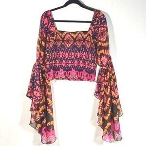 Sheer Fairy Boho Layered Flared Sleeves Smocked Crop Top Pink L Festival